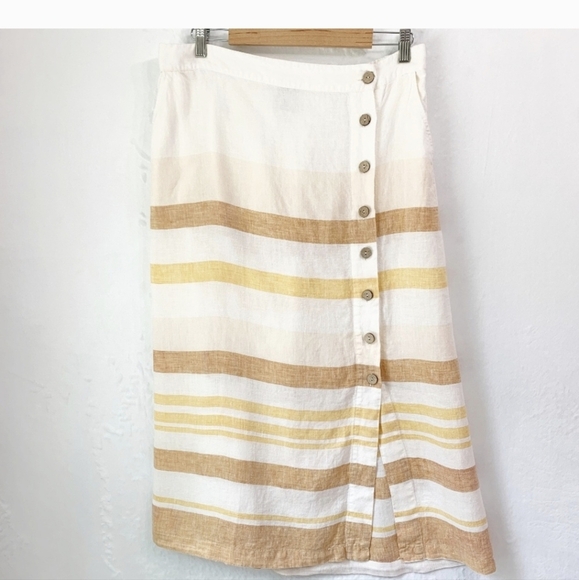 Rachel Zoe Neutral Striped Asymmetrical Button Linen Midi Skirt Sz M - Picture 2 of 7